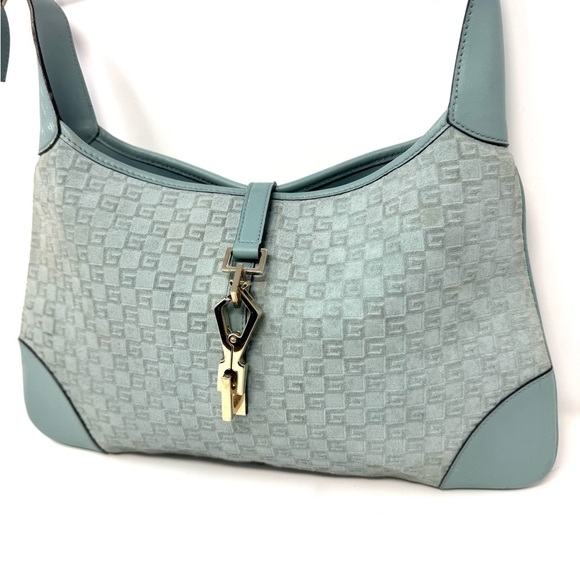 Gucci Vintage Jackie Hobo – Baby Blue Embossed Suede Shoulder Bag - Picture 2 of 14